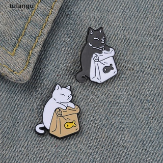 Tagu Feed Myself Enamel Pins Cute Black White Cat Dried Fish Bag Brooches Lapel Badge .