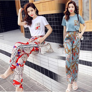 moda casual ejercicio traje de las mujeres de verano nuevo estilo coreano impreso suelto de pierna ancha pantalones de dos piezas traje de las mujeres