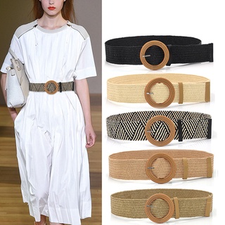[Arichblue] cinturón elástico de verano para mujer, hebilla redonda, Vintage, Boho, paja tejida, cinturón de vestir (1)