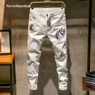 los nuevos hombres delgado blanco pájaro bordado hip hop jeans moda slim skinny casual para hombre tramo denim jeans pantalones joggers
