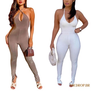 MICDROP-Women Sexy Halter Jumpsuit, Adults Sleeveless Backless Solid Color V-neck