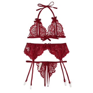 Ladies Sexy Lingerie Lace Butterfly Bra Panties Garter Belt Three-Piece Set(gh43536dfh.mx)