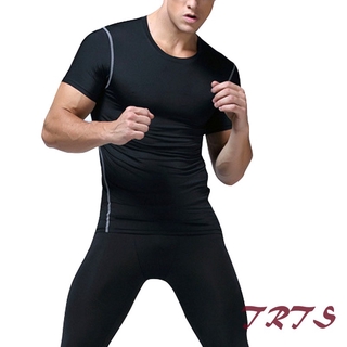 Camiseta de compresión de hombre manga corta cuello redondo de secado rápido transpirable para deportes correr (8)