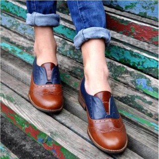 💗Promoción💗Mujer Vintage cubano tacón bajo dedo del pie redondo Brogue PU británico Oxford Casual zapatos (3)