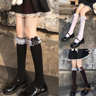 CHA Women Girls Sweet Lolita Black White Knee High Socks Bowknot Ruffled Frilly Lace Trim Japanese Student Cotton Stockings