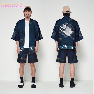 Dos piezas traje S-4XL suelto Cardigan grúa mujeres hombres Cosplay Yukata ropa Harajuku Samurai Kimono + pantalones cortos conjuntos (1)