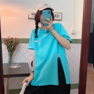 Algodón de las mujeres T-Shirt más el tamaño de verano de la moda de manga corta media longitud tipo dobladillo dividido Color sólido camiseta Tops (1)