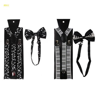 Bea1 set De 2 en 1 tirantes con corbata De mariposa color blanco y negro con Notas musicales/Teclado ajustable