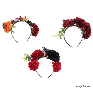 magichouse Halloween Hair Hoop Rose Skull Headband Handmade Flower Skull Headdress Floral Headbands Cosplay Hair Accessories