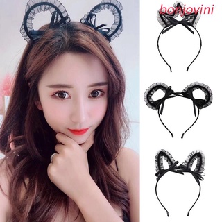 bonjo Sweet Black Lace Animal Cat Ears Headband Bowknot Ruffled Mesh Hair Hoop Masquerade Party Cosplay Anime Hair Accessories