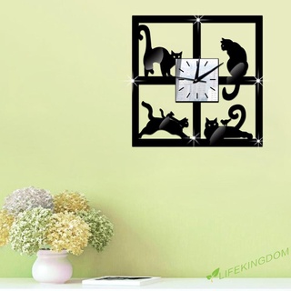 (formyhome) reloj de pared 3d de cristal espejo negro gato decorativo reloj de pared decoración del hogar