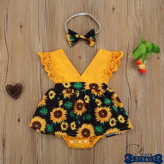 Khh-baby mameluco con diadema, estampado de girasol cuello en V sin mangas body+banda de moño para niños, amarillo, 0-24 meses (1)