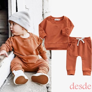 ❀Sn♔2 piezas bebé Color sólido cuello redondo manga larga jersey+pantalones largos