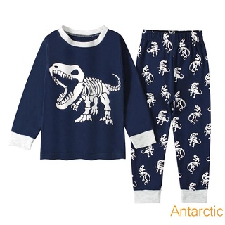 ☾Wg✰Niños Casual de dos piezas pijamas conjunto, dinosaurio impreso patrón redondo cuello jersey y pantalones, azul marino/verde/gris