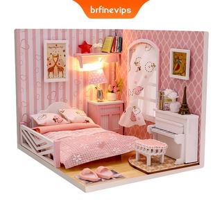 [brfinevips] kit de casa de muñecas de madera diy con interruptor de batería resistente al polvo, dormitorio artesanía casa de muñecas muebles en miniatura