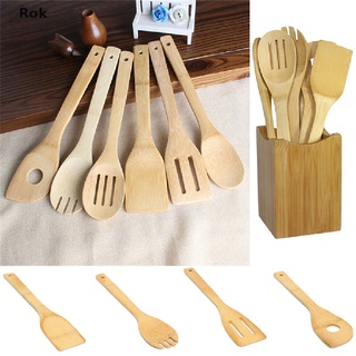 juego de 6 utensilios de bambú para cocina, madera, utensilios de cocina, cuchara, espátula, mezcla de venta caliente