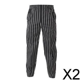 2xElastic Restaurant Cafe Chef Waiter Pants Trousers Uniform Accs Striped 4XL