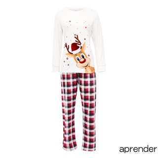 ♀ IH ♧ Navidad Padre-Hijo Pijamas , Ciervo Impresión Manga Larga Cuello Redondo Camiseta , Mono A Cuadros , Color Bloque Pantalones