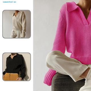 samantha1.mx Autumn Winter Knitted Sweater Solid Color V Neck Sweater Plain Weave for Daily Wear