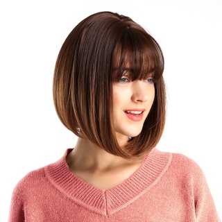 s.mx peluca de las mujeres con flequillos bob peinado moda recta pelo corto cosplay señora anime negro marrón mezclado fibra de alta temperatura (5)