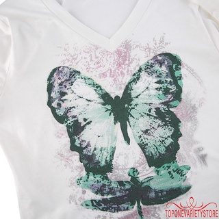 Topq-mujer Casual manga larga camiseta abstracta mariposa impresión cuello redondo expuesto ombligo Tops (7)