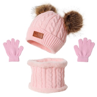 foxyy 3 piezas de invierno cálido bebé de color sólido sombrero de lana guantes bufanda conjunto de bolas de piel doble gorro gorra manopla bufandas kit para niños niñas niños de punto twist dobladillo sombrero (5)