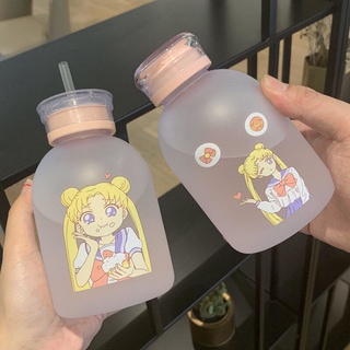 Sailor Moon-Botella De Agua Transparente Con Paja , Dibujos Animados , Esmerilado , A Prueba De Fugas , Bebida , Niña , Regalo