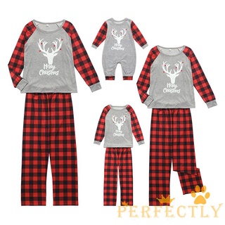 Pft7-matching pijamas de navidad familiar, Casual de manga larga de ciervo impresión Tops + pantalones cuadros conjunto (2)