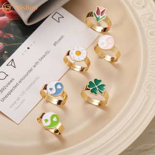Lindo anillo de flores de dibujos animados margarita de cuatro hojas trébol Tai Chi corazón anillo de las mujeres joyería accesorios de moda