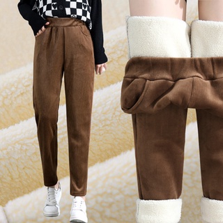 Pantalones casuales de pana gruesa forrada en lana para mujer pantalones holgados de cintura alta estilo coreano ajustado ajustado ajustado pantalones Harem pantalones Daddy pantalones holgados