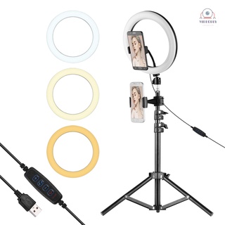10 Inch Metal LED Ring Light 3 Lighting Modes 10 Levels Brightness USB Powered with 120cm Light Stand + Ballhead Adapter + 2pcs Flexible Phone Holder for Live Streaming Video Recording Network Broadcast Selfie Makeup