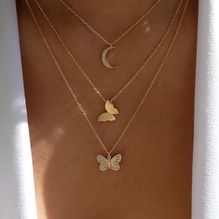 3 unids/set dulce cristal mariposa luna colgante multicapa collares para las mujeres color oro clavícula cadena collar joyería