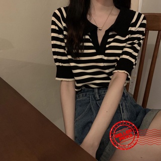 [cod] camiseta de punto occidental suelto para mujer xiaomi zhai manga polo manga corta cuello corto a rayas l8j4