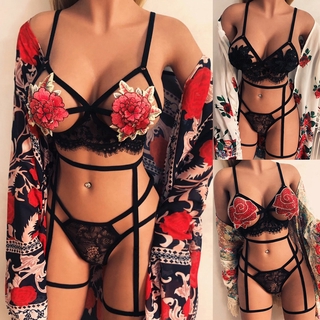 💖 Jacksnyyqx 🍹 Women Sexy Lingerie Corset Solid Applique Underwire Sleepwear Underwear Set