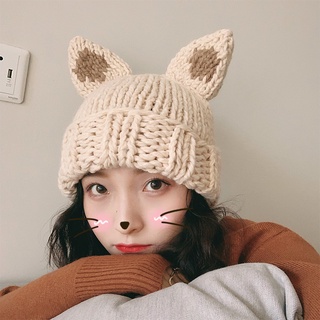 Gorro de lana orejas de gato Otoño e Invierno para niñosinsGorro tejido de invierno cálido estilo coreano que combina con todo estilo japonés e Internet famoso gorro de moda (1)