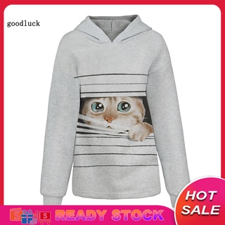 [Ready Stock] Casual Women Autumn Winter Long Sleeve Stripes Cats Print Sweatshirt Hoodie