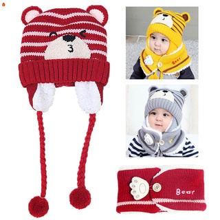 bebé niño invierno de punto orejeras gorro gorra bufanda conjunto de niños de dibujos animados oso sombrero