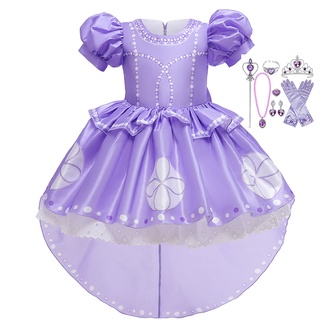 Sophia Princess Dress Girl Purple Puff Sleeve Birthday Party Clothes Kids Halloween Cosplay Costume