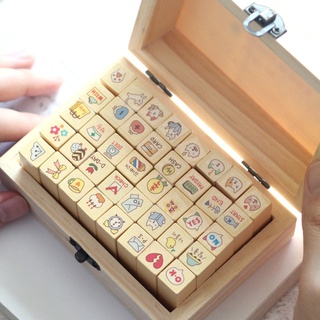 40x DIY Wood Cartoon Stamp Diary Craft Cat Rubber Stamps with Wooden Box