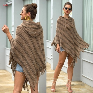 LUN Women Pullover Hooded Poncho Cape Thick Fuzzy Knitted Striped Shawl Scarf Wrap Fringed Tassel Asymmetric Batwing Sweater