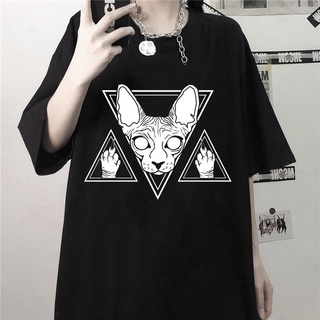 SASSYME T-Shirt Gothic Star Punk Cat Print Tops Geometry Printed Short Sleeve Black Loose Casual Femme Clothes (6)