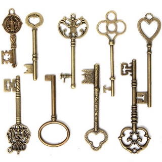 9pcs/Set Vintage Antique Old Brass Skeleton Keys Lot Cabinet Barrel Lock ☆WestyleLove