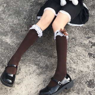 WIT Women Girls Sweet Lolita Black White Knee High Socks Bowknot Ruffled Frilly Lace Trim Japanese Student Cotton Stockings (6)