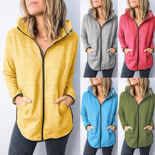 ♛fiona01♛ Fashion Women Solid Color Zipper Long Sleeve Sport Blouse Tops Hooded Sweatshirt
