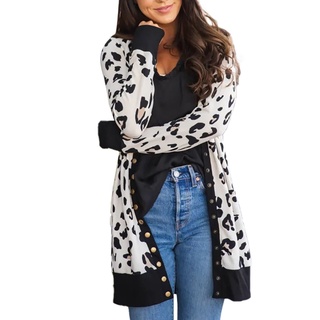 Las mujeres de manga larga Cardigan Tops Casual leopardo impresión suelta Outwear Trench Coat
