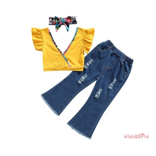 kidsw-3 piezas niños traje conjunto, estampado floral v-cuello mosca manga tops+ ripped flare