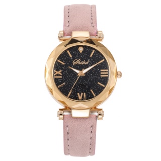 Women Watch Round Star Dial Roman Numerals Wrist Watch with Perforated Frosted Strap