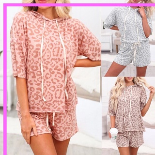 pijama estampado leopardo para mujer/conjunto de pijamas con capucha/top/shorts/ropa de manga loungewear