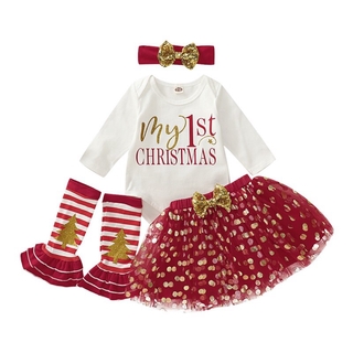 4pcs Baby Girl Christmas Clothes Long Sleeve Letter Print Romper Dot Pattern Mesh Skirt Leg Warmer Headband Set
