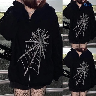 Rosa mujeres gótico Punk manga larga sudaderas Chamarra Harajuku Rhinestone araña Web patrón sudadera abrigo cremallera de gran tamaño suelto Outwear Tops